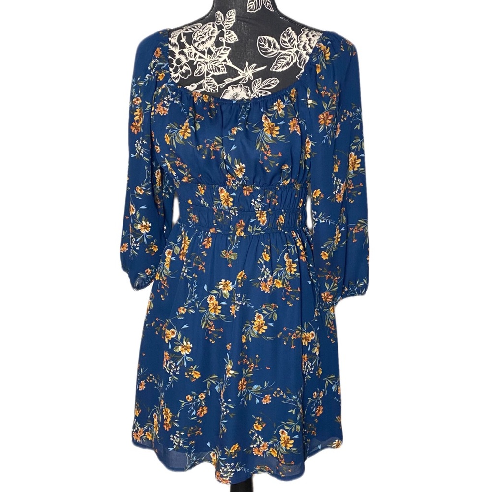 AUW Floral Dress Smocked Empire Waist Elastic Square Neckline 3/4 sleeve small